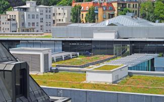 The combination of irrigation, Aquafleece and substrate ensures that there is always sufficient water available for the plants to achieve their high evaporation capacity. Extensive green roofs in the city
